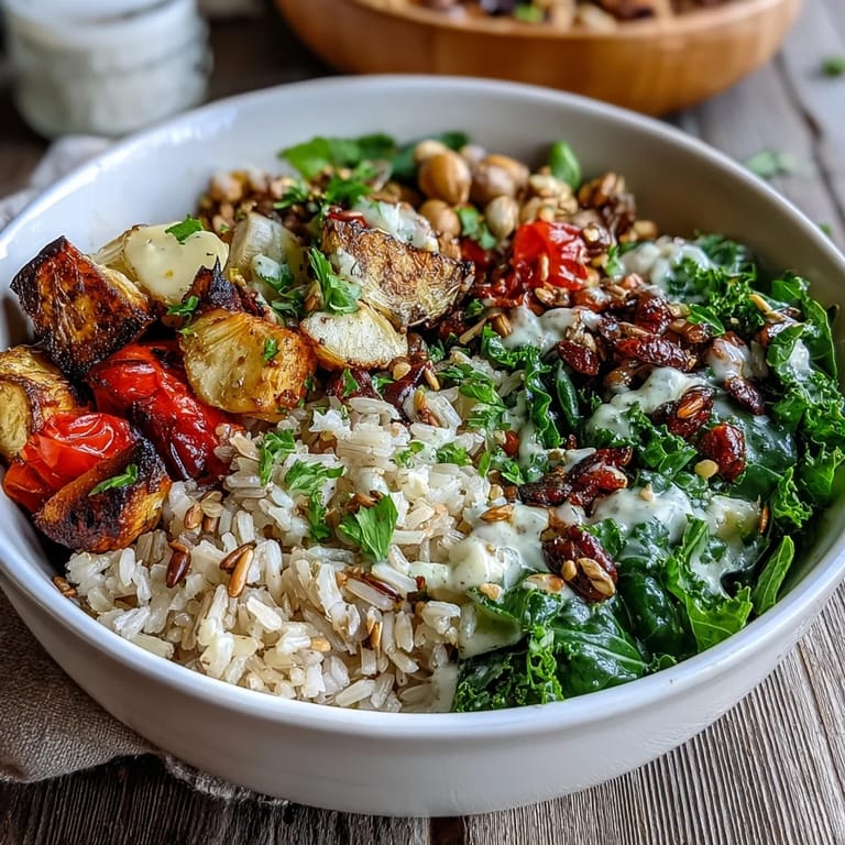 Roasted veggies and warm quinoa fill this cozy bowl, drizzled with a sweet apple cider vinaigrette.