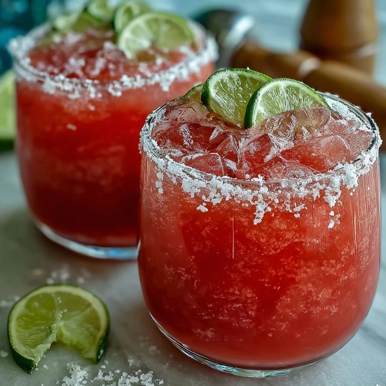 Two chilled Guava Margaritas on a tropical table, garnished with fresh guava and lime.