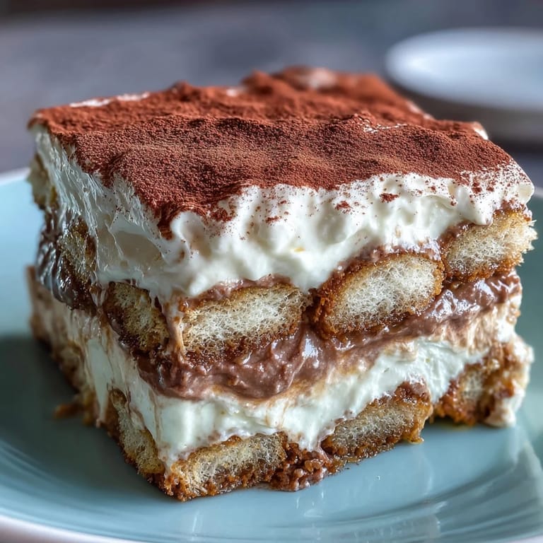 Cool hojicha tiramisu featuring mascarpone cream and toasted matcha powder on a rustic table.