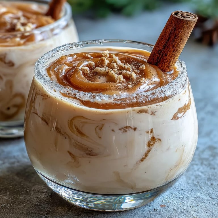 Two small glasses of Guava Coquito garnished with cinnamon sticks, served over ice for holidays.
