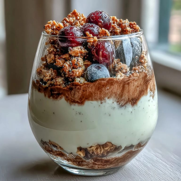 Hojicha Panna Cotta Parfait with creamy roasted tea custard topped with juicy mixed berries.