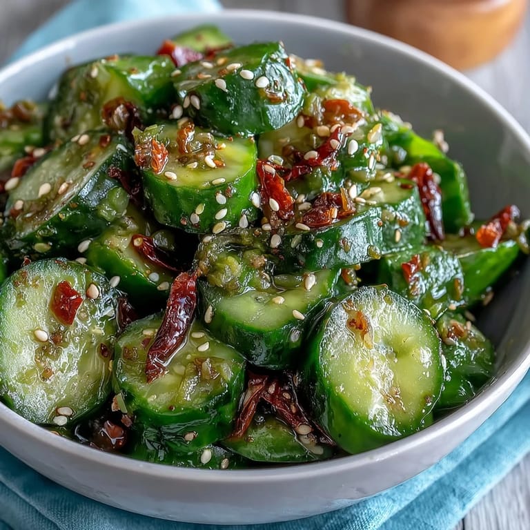Crisp smashed cucumber salad with garlic chili oil, featuring bold flavors of chili, garlic, and tangy dressing.