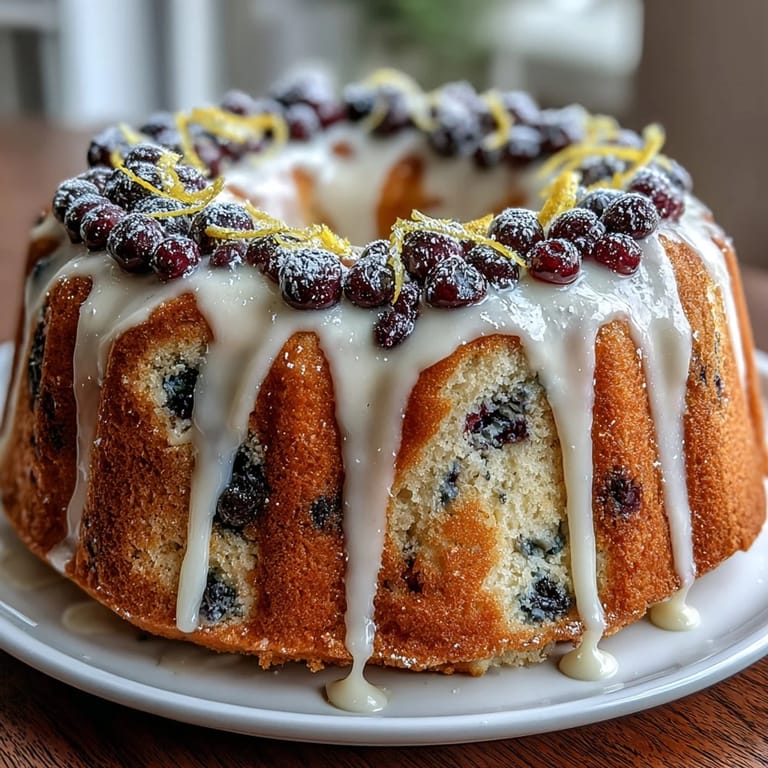 Layered lemon blueberry birthday cake bursting with juicy blueberries, topped with smooth lemon cream cheese frosting and edible flowers for a festive spring dessert.