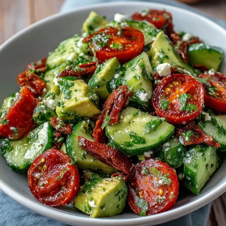 Vibrant cucumber tomato avocado salad with lemon dressing, perfect for a healthy lunch or light dinner with bright, refreshing flavors.