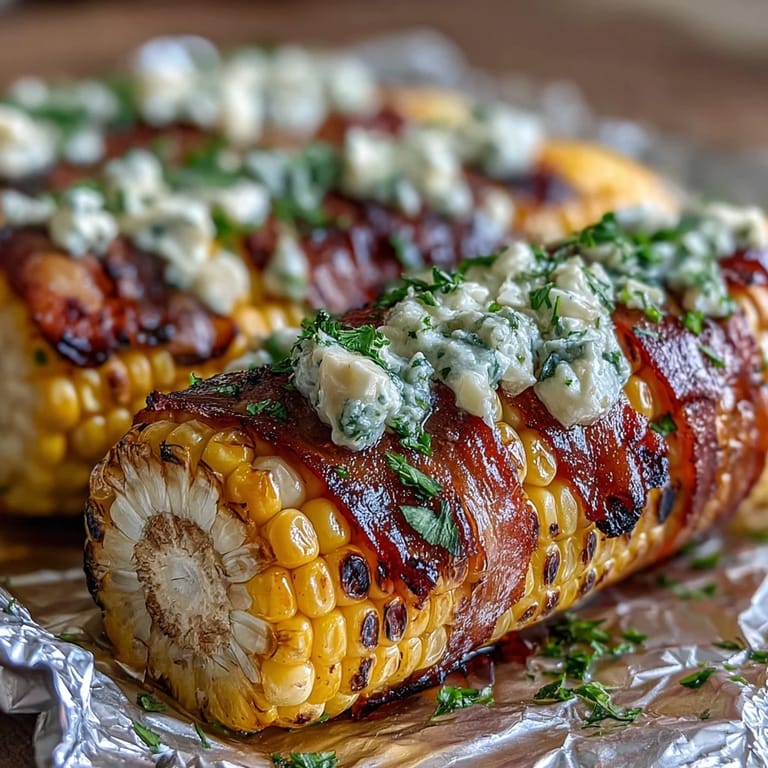 Sweet BBQ corn grilled in foil, topped with herb butter, garnished with Parmesan and lime.