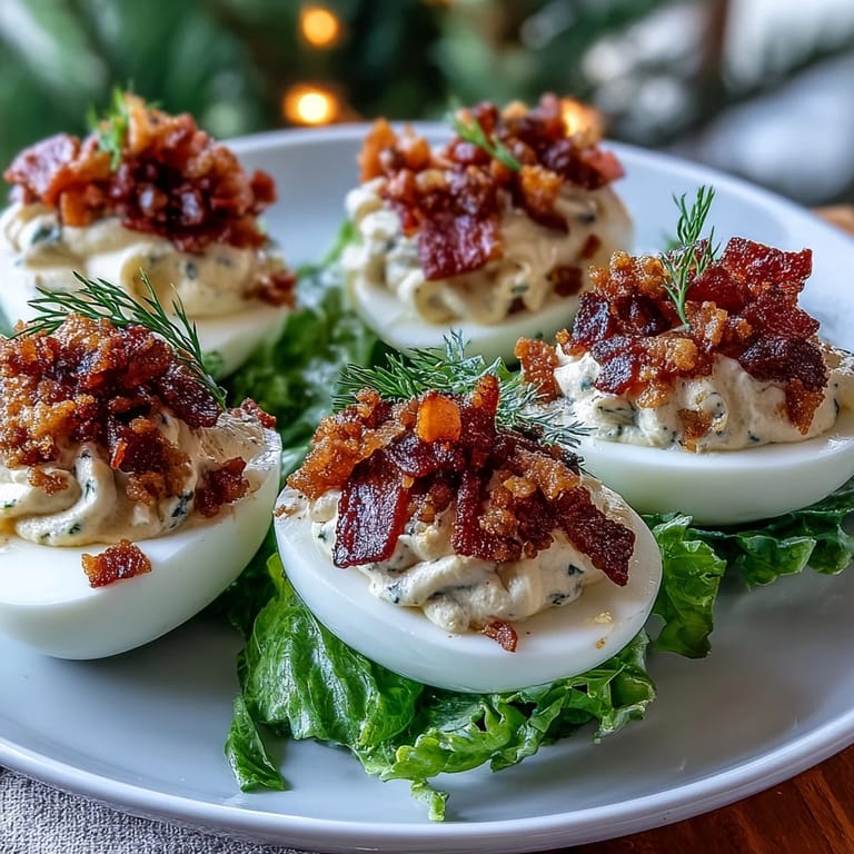 Deviled eggs filled with tangy yolk mixture, topped with crunchy bacon, diced tomatoes, and shredded romaine in a BLT-inspired presentation.