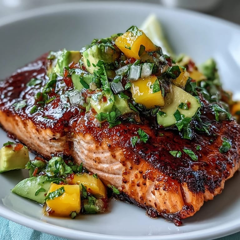 Tender salmon baked to perfection and served with zesty mango avocado salsa, bursting with color and flavor.  