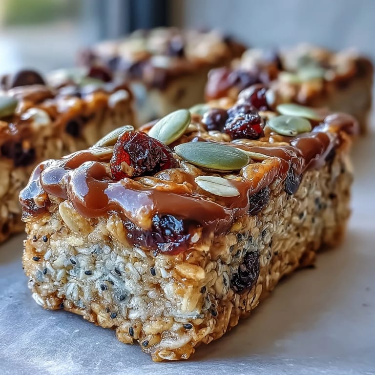 Chewy, golden nut-free granola bars loaded with oats, pumpkin seeds, and raisins, offering a naturally sweet and satisfying homemade treat.