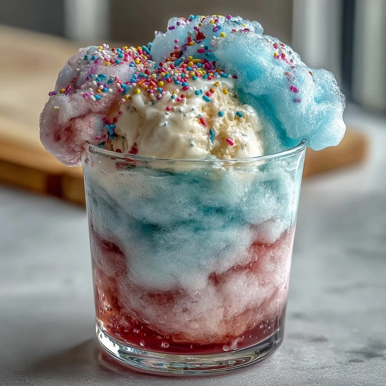 Cotton candy lemonade float: vibrant blue lemonade, melting vanilla ice cream, and a cloud of spun sugar for a dreamy treat.