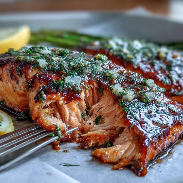 Easy One Pan Lemon Herb Salmon recipe photo shows a flaky, flavorful tray bake.