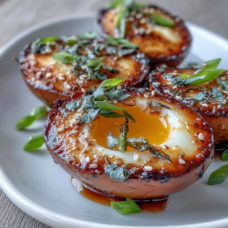 Soft-boiled eggs soaked in a rich, spicy miso marinade, served sliced with a sprinkle of chopped scallions for extra flavor.  
