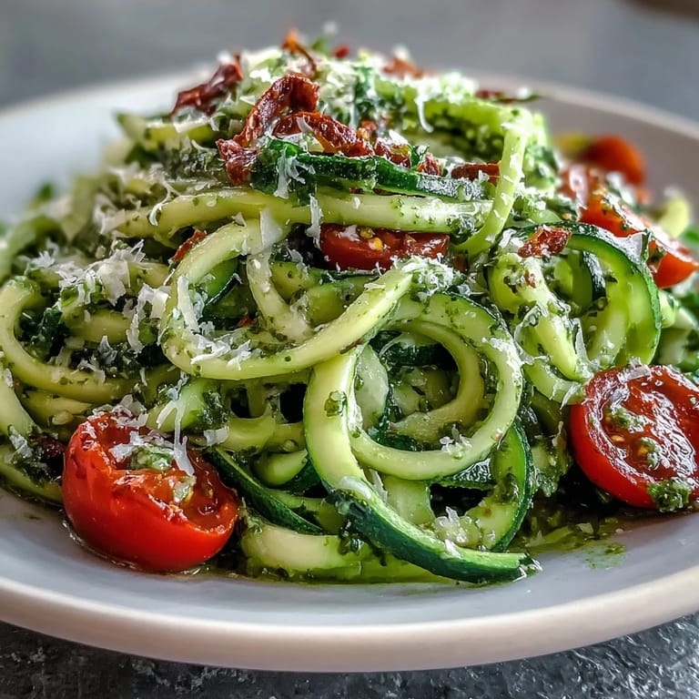 Bright zucchini noodles coated in raw basil pesto, a refreshing, easy Italian-inspired dish.