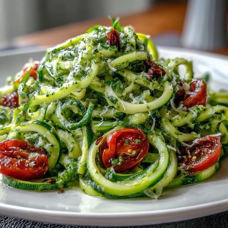 Enjoy light, healthy zucchini noodles with homemade raw pesto and garden-fresh tomatoes.