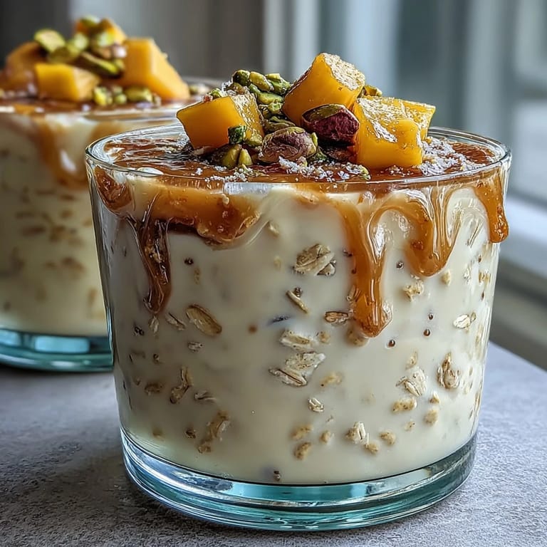 Tropical mango overnight oats swirled with yogurt and cardamom, topped with diced mango and crunchy pistachios.  