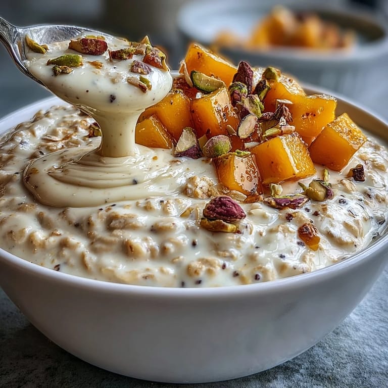 Vibrant mango lassi overnight oats layered with Greek yogurt, fresh mango, and a hint of cardamom for a refreshing breakfast.