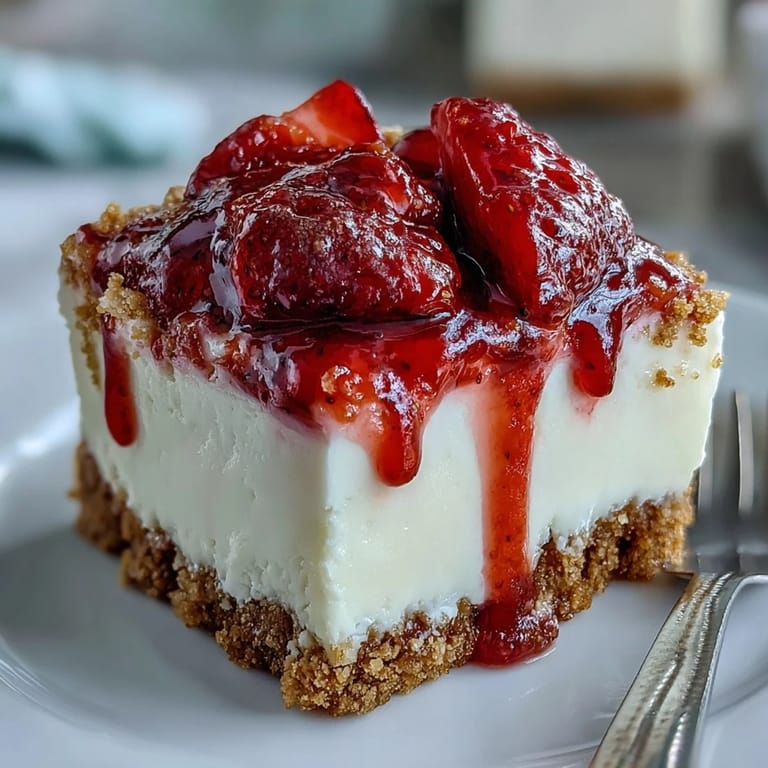 Layered strawberry cheesecake bars with smooth cream cheese filling and juicy strawberry topping, ideal for parties.