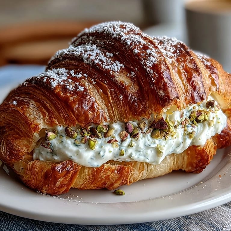 Golden Pistachio Cream Croissant, ready to serve with crunchy pistachio topping.
