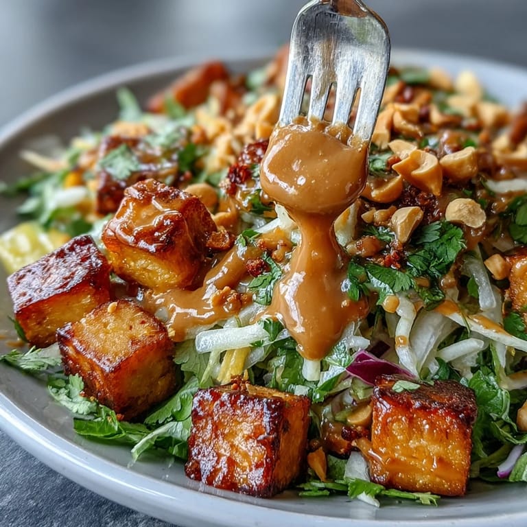Crispy golden tofu crowns this vibrant Thai Mango Salad with peanut dressing.