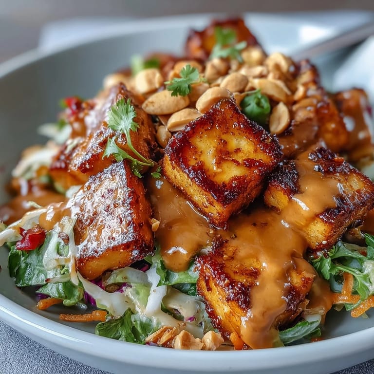 Refreshing Thai Mango Salad with tender tofu and a sweet-spicy peanut drizzle.
