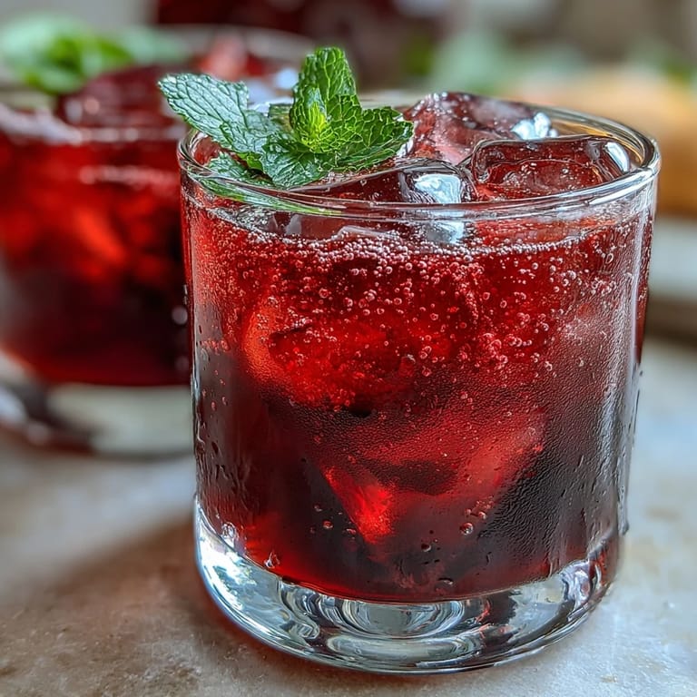 A beautiful glass of Sparkling Hibiscus Mint Lemonade Mocktail garnished with lemon.