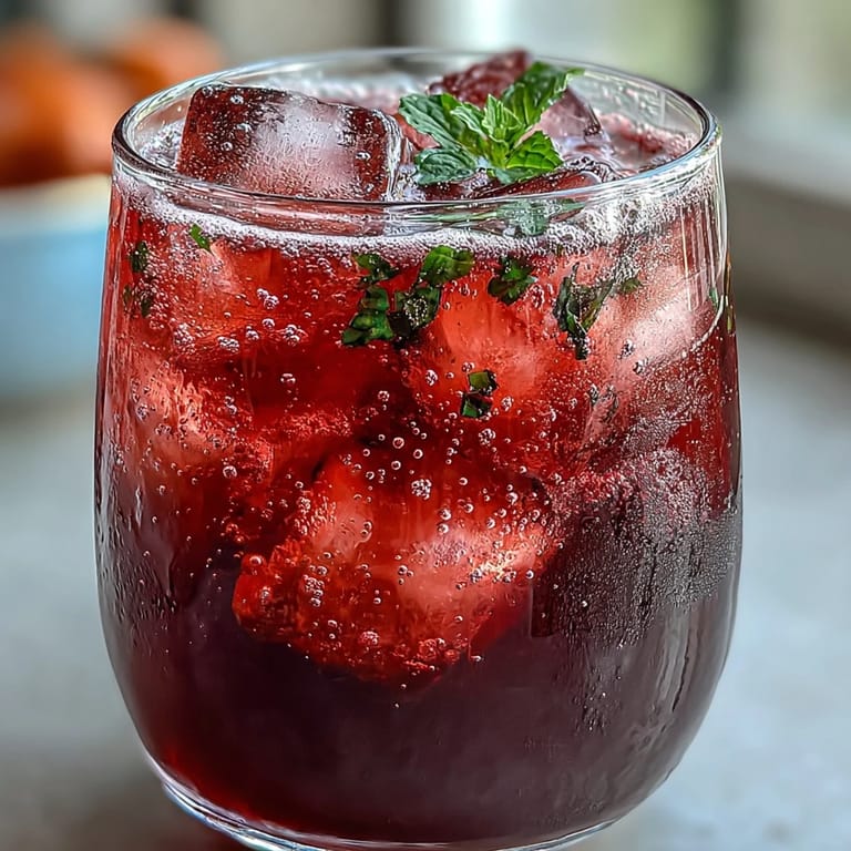 Fruity Sparkling Hibiscus Mint Lemonade Mocktail served frosty in a tall glass.