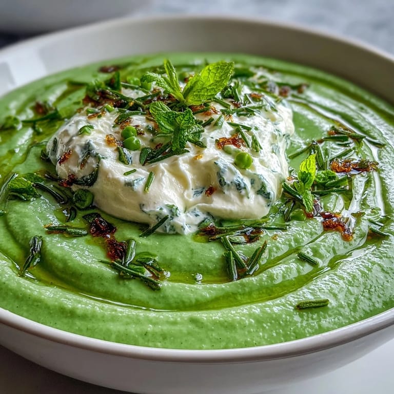 Green spring pea soup topped with creamy ricotta and refreshing mint drizzle.