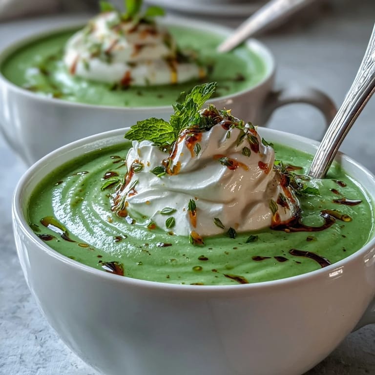 Bowls of smooth pea soup, dolloped with whipped ricotta and mint.