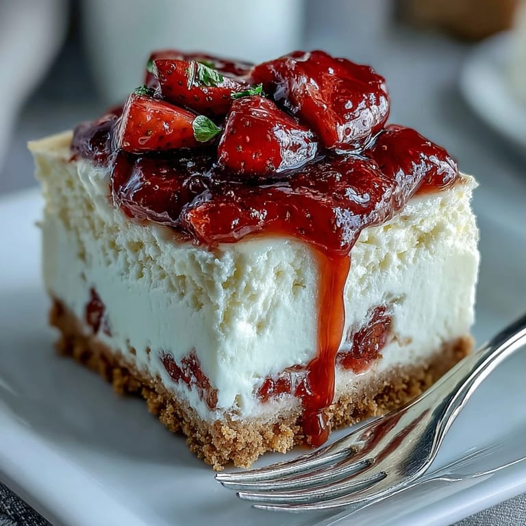 No-bake strawberry cheesecake bars topped with fresh berries and served chilled on a white plate.