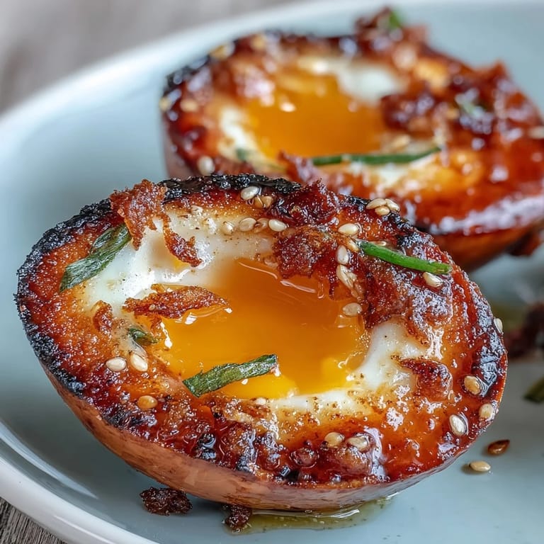 Umami-packed spicy miso marinated eggs, their golden yolks glistening, ideal for elevating ramen bowls or enjoying as a protein-rich treat.