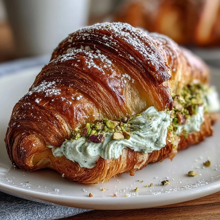 Warm Pistachio Cream Croissant, an indulgent pastry overflowing with sweet, nutty cream.
