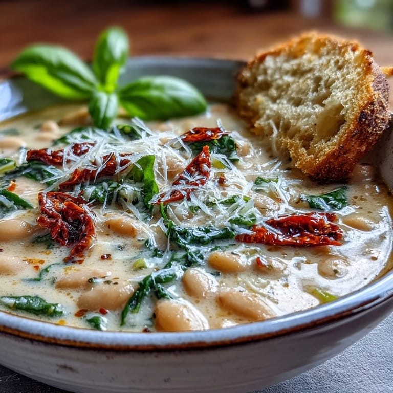 Cozy bowl of Tuscan-style white bean soup garnished with Parmesan and fresh basil for a satisfying meal.