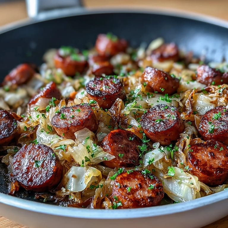 Hearty cabbage and sausage skillet cooked to perfection with browned sausage, tender cabbage, and fresh parsley garnish.