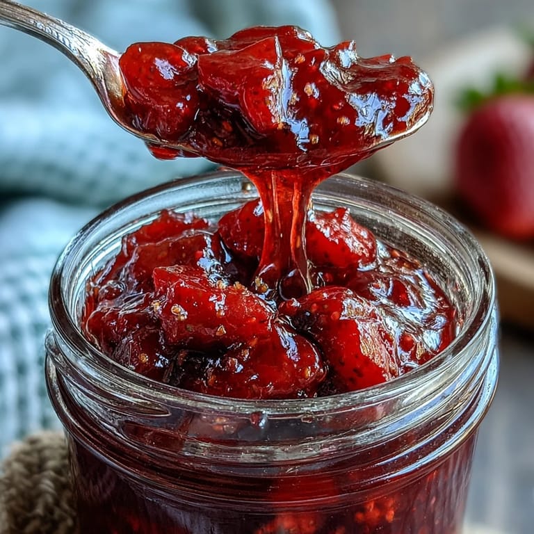 Close-up of glistening cottagecore strawberry jam, spoonful ready to spread on warm bread.