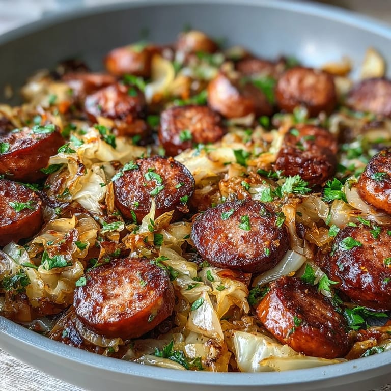 Savory cabbage and sausage skillet with caramelized onions, sliced carrots, and a hint of caraway seeds for a comforting meal.