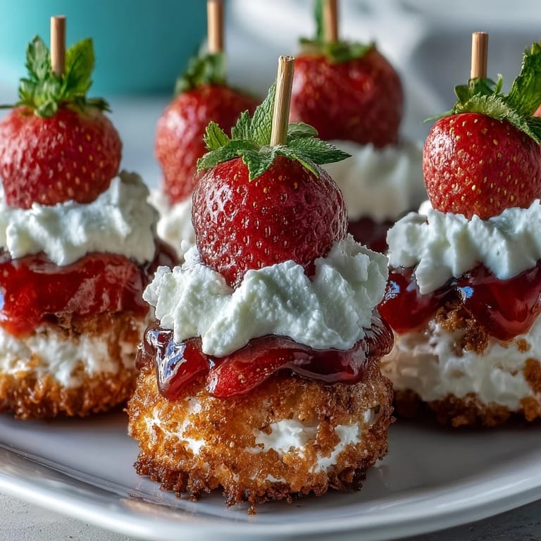 Creamy mini strawberry shortcake bites skewers, a delightful summer treat served.