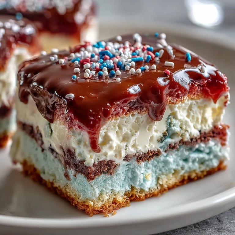 Patriotic Poke Cake showcasing colorful berry layers and smooth white chocolate frosting.