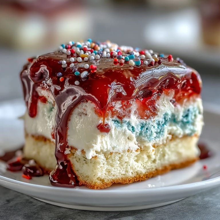 Moist white Patriotic Poke Cake topped with luscious ganache, perfect for celebrations.