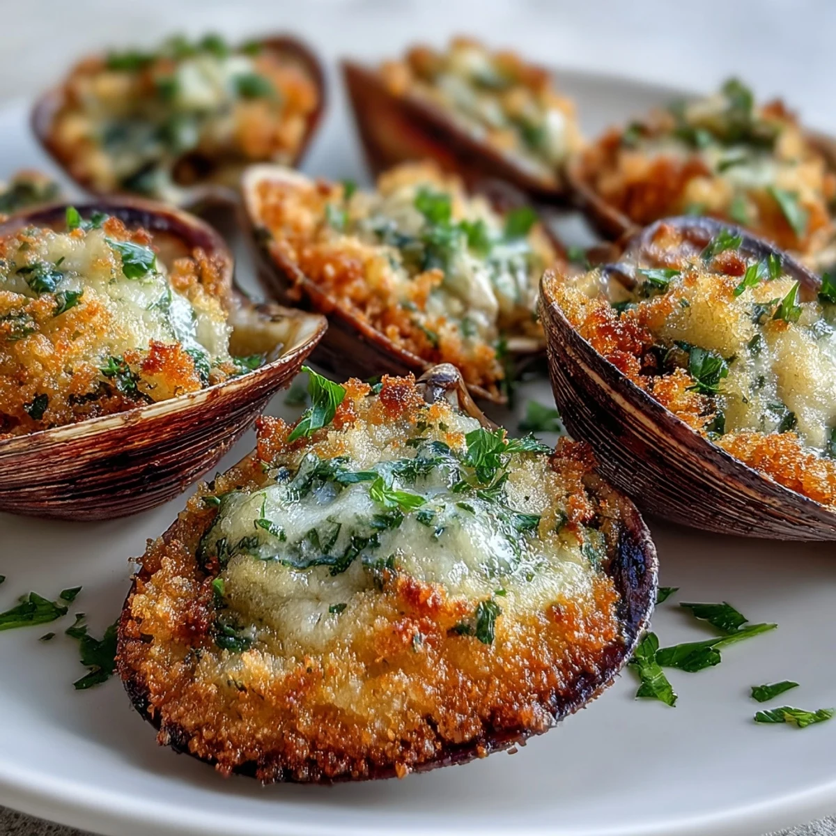 Golden roasted clams with lemony panko topping, served hot with lemon wedges and fresh parsley.