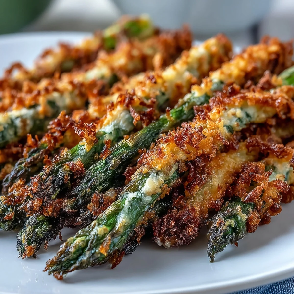 Freshly baked Crispy Asparagus Asiago Spears with golden panko crust and lemon wedges on a rustic plate.