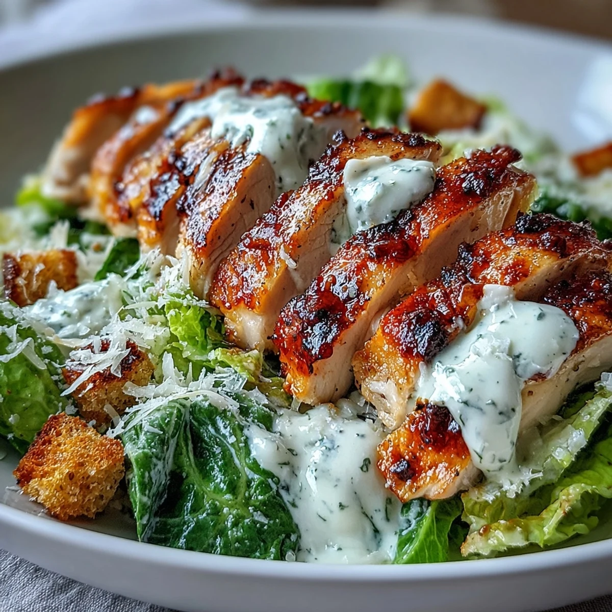 Golden Caesar Chicken Bowl with grilled, juicy chicken slices over crisp romaine lettuce topped with parmesan and crunchy croutons.