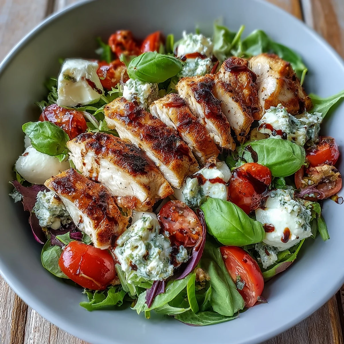 Sliced grilled chicken, fresh mozzarella, and ripe tomatoes in a Caprese Chicken Bowl with drizzled balsamic glaze.