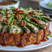 Vibrant spring asparagus tart with puff pastry, topped with creamy cheese and fresh herbs, perfect for a light vegetarian meal.