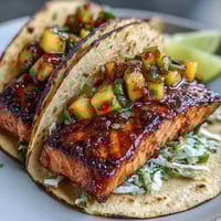 Grilled salmon tacos with mango salsa served on warm tortillas with red cabbage and lime wedges.