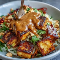 Bright Thai Mango Mango Salad with Crispy Tofu, drizzled with peanut sauce.