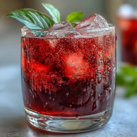 Close-up of a vibrant Sparkling Hibiscus Mint Lemonade Mocktail, ice clinking.