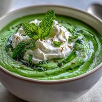 Vibrant Spring Pea Soup with fluffy ricotta and bright mint oil.