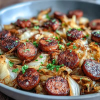 A rustic one-pan cabbage and sausage skillet with tender cabbage, smoky sausage, and a tangy whole grain mustard finish.
