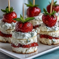 Mini strawberry shortcake bites on a skewer, topped with cream.
